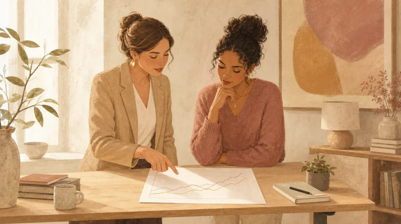 A consultant and a therapist reviewing a printed line graph together at a standing desk in a bright office.
