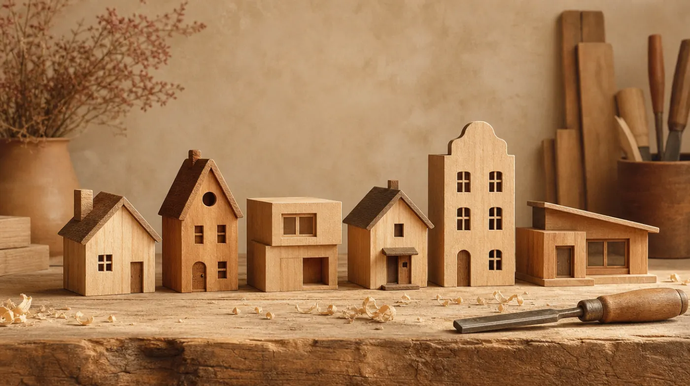 A carpenter's workbench with several small wooden house models in different styles lined up, shavings and a chisel.
